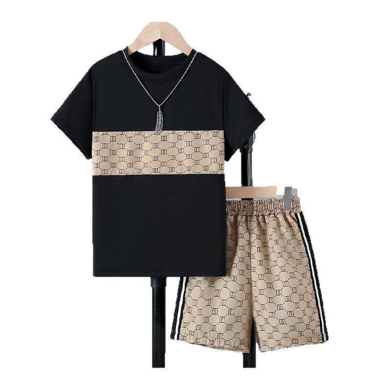 Boys Summer Tracksuit Patchwork Printed Short Sleeve T-Shirt Trendy Casual Two-Piece Set For Kids_voghion.com