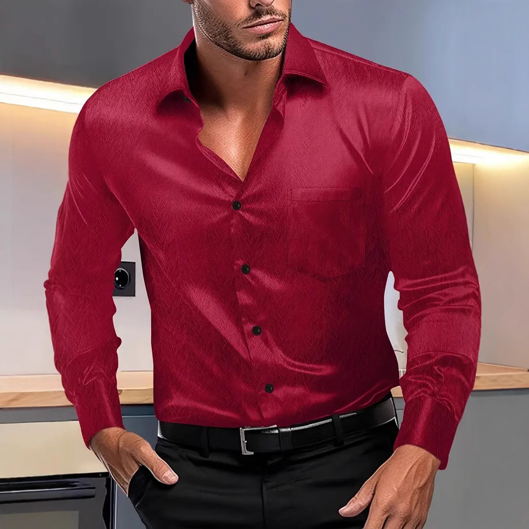 Monochrome Man- Cross-Border European American Spring And Autumn New Men's Casual Solid Color Silky Turn-Down Collar Long Sleeve_voghion.com