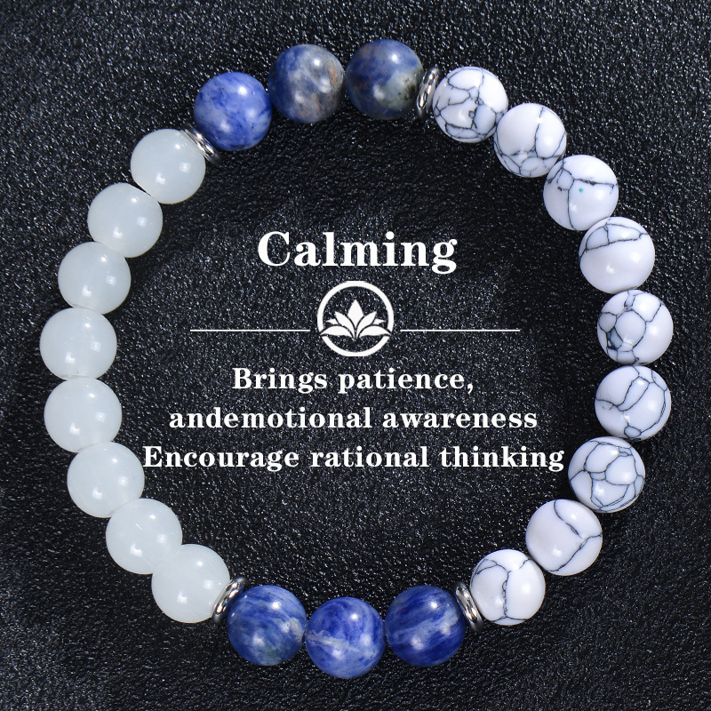 TEMU Cross-border Hot Sale Blue Stripe Stone White Turquoise Bracelet for Men and Women Natural Stone Beaded Healing Bracelet Calming