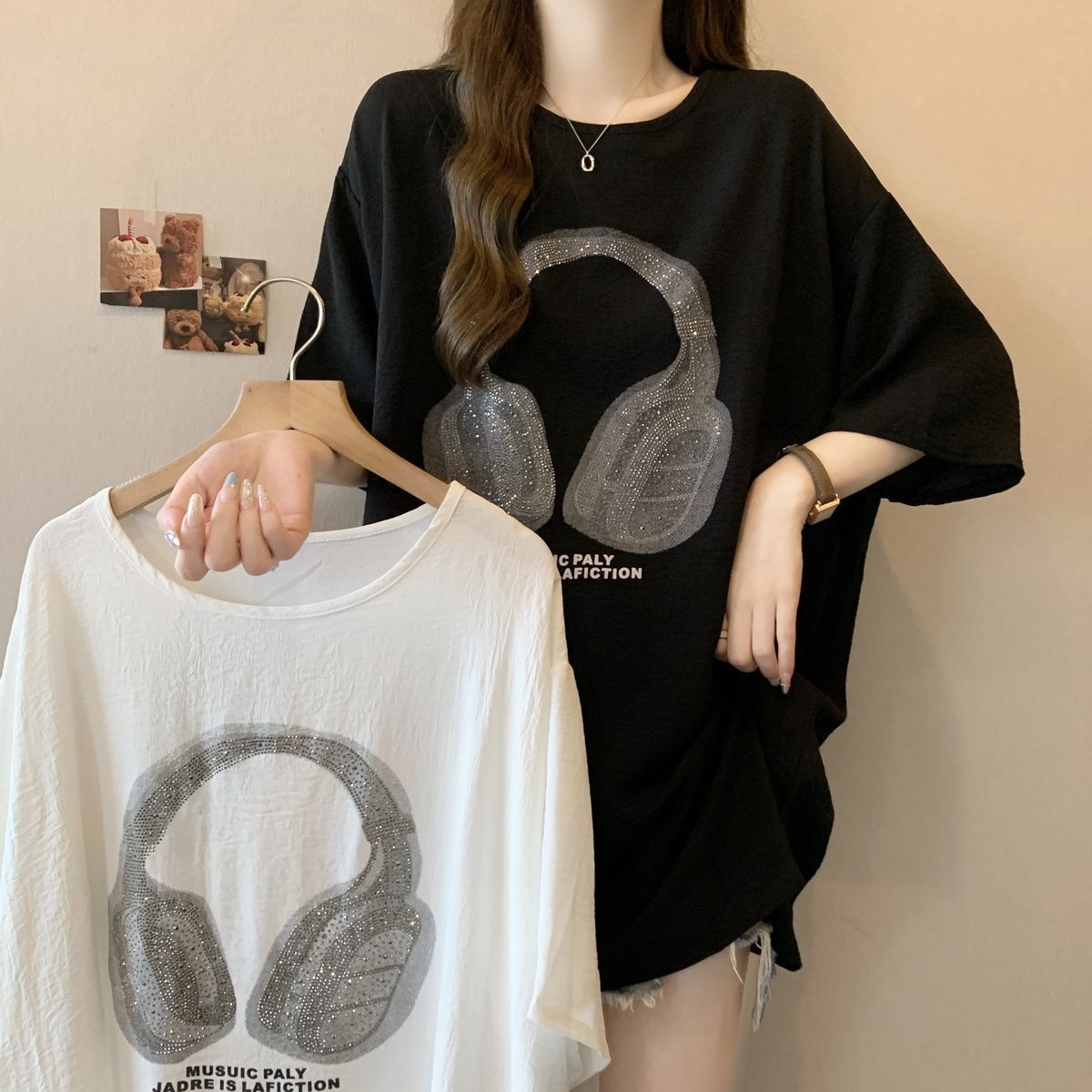Camiseta de manga corta de seda de hielo arrugada de gran tamaño para mujer verano 2024 nuevo estilo holgado que cubre la carne que es delgada y gorda mm para mujer image 5