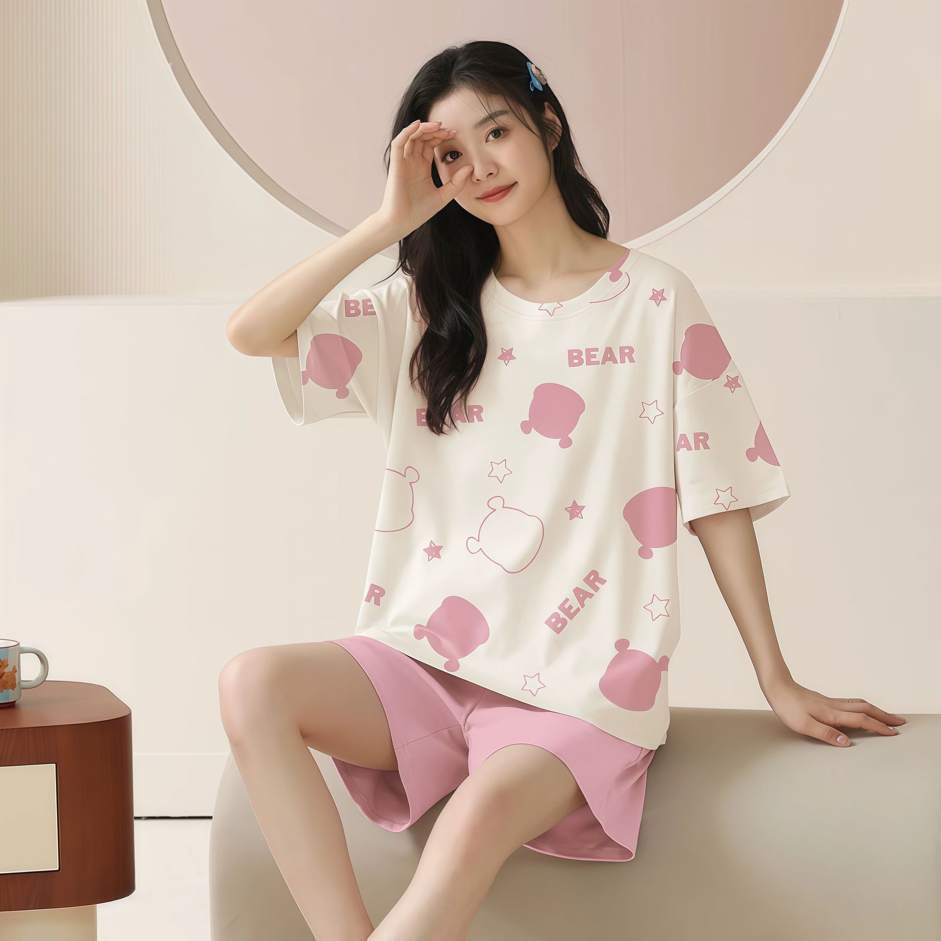M - 5XL pijama de verano de mujer pantalones cortos de manga corta explosión se puede usar chaqueta de dibujos animados encantador conjunto de ropa para el hogar coreano