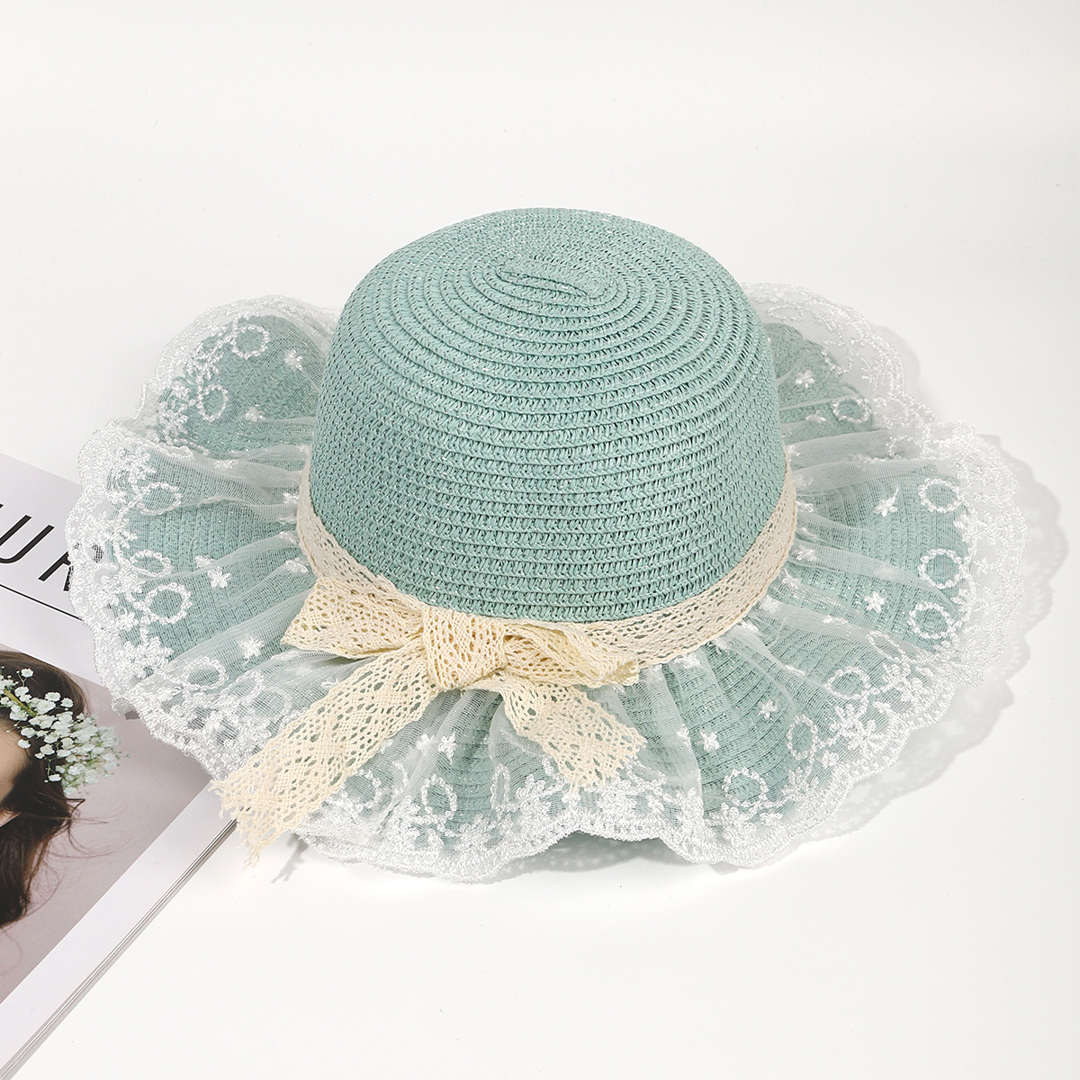 Sombrero de paja de viaje de verano flor sombrero de playa protección solar sombrero de sol ala grande paja tejida a mano arco sombrero de sol