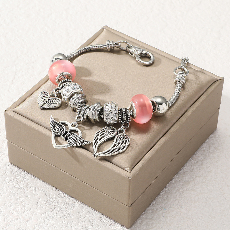 Amazon new guardian angel peach heart wings pendant Panjia bracelet color crystal beaded bracelet jewelry