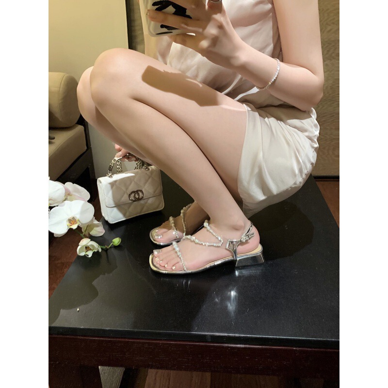 Grape mom with summer square head transparent flash diamond sandals with thick heel small size women's plus size shoes 41-43