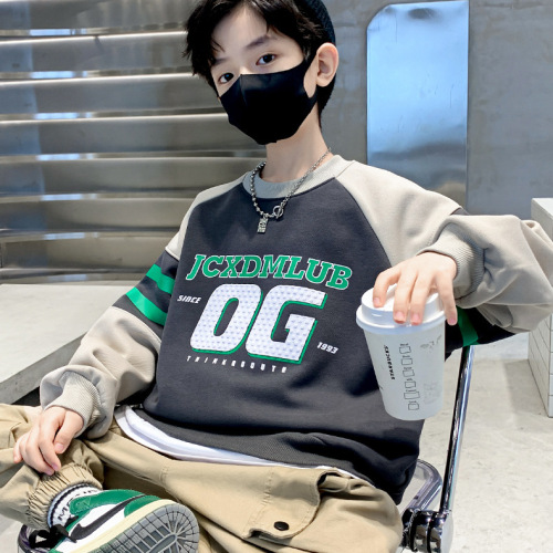 Spring and Autumn Trendy Children's Sweatshirt Thin Boys Letter Printed Loose Casual Sweatshirt for Medium and Large Children Round Neck Pullover Long Sleeve T