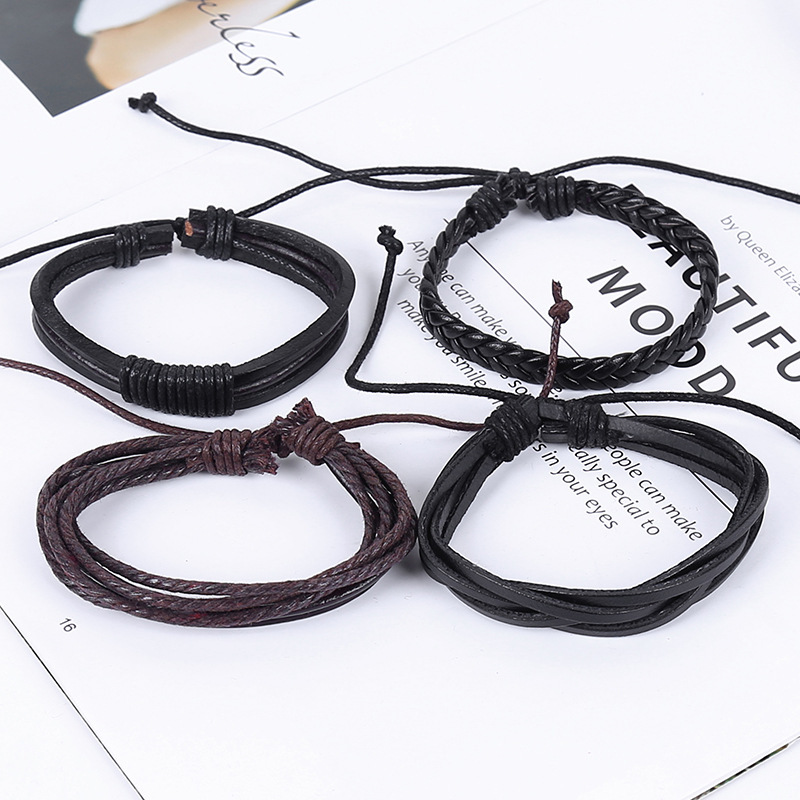 Genuine Leather Men's Bracelet 4-piece Retro Handmade Set_voghion.com