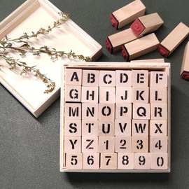 亚马逊木制复古英文数字印章 创意文具36枚木盒装DIY