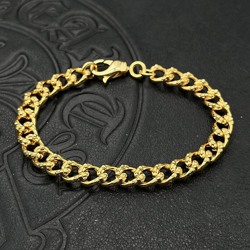 Trendy Thai Silver Plated 22K Gold Full Flower Cross Flower Bracelet for Men and Women, Cuban Chain Bracelet, Punk Hip-Hop