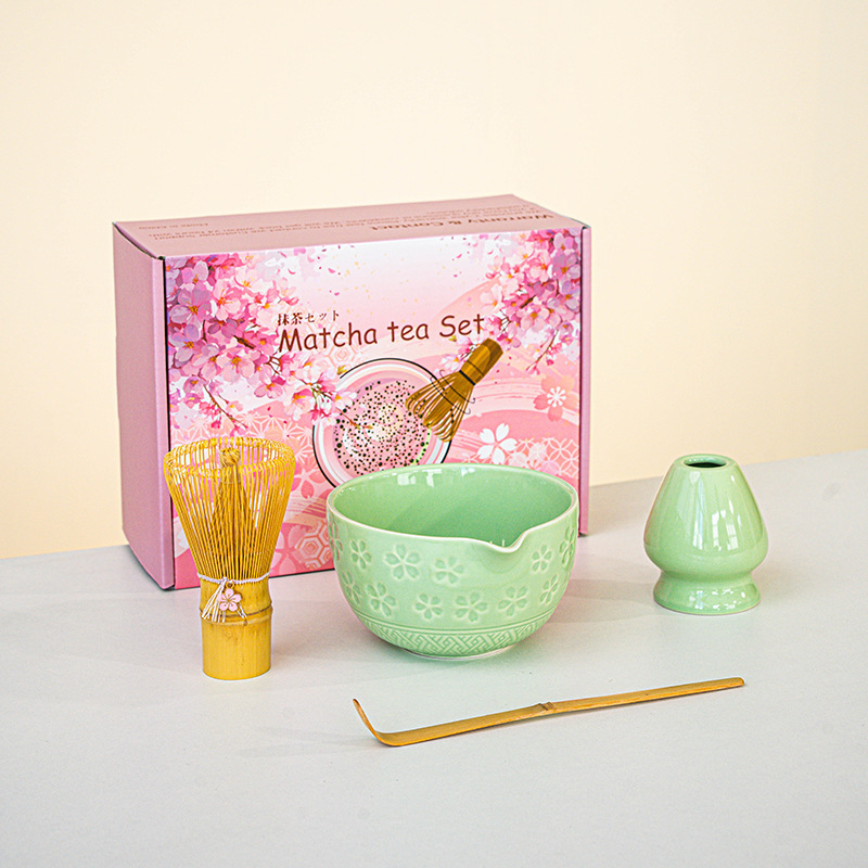 日本製抹茶茶器セット 桜ボウル 注ぎ口付き 8点セット フルセット カラーボックス ピンク付き|undefined