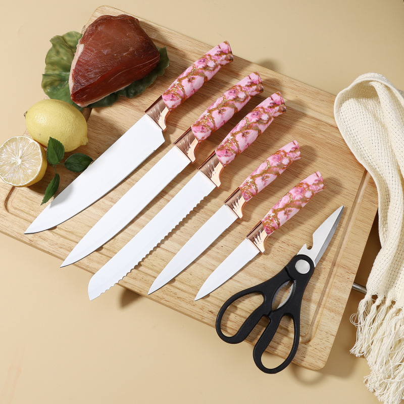 Spot cocina de mármol casero dorado cuchillo de cocina casero set de siete piezas cuchillo de cocinero cuchillo de pan