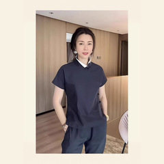 夏季新款高级设计感超级好看独特漂亮新中式国风藏蓝色短袖衬衫女