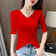 レッドTシャツレディースミッドスリーブトップ春秋Vネックタイトボトムシャツ5分袖大きいサイズ痩身半袖