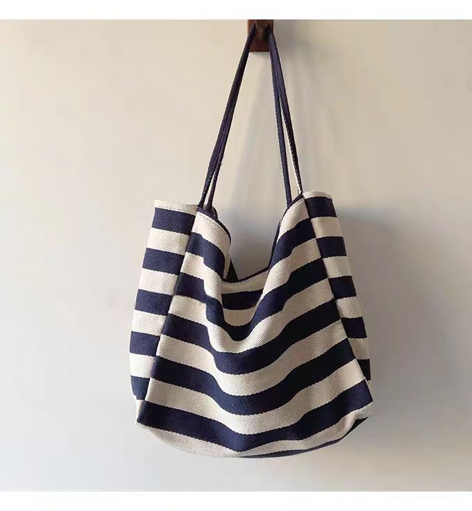 Contrast Stripe Canvas Tote Bag, Large Capacity Shoulder Bag_voghion.com