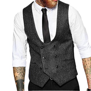 Cross-border Hot Sale Men's Suit Vest Herringbone Wool Vest Double-breasted V-neck Men's Suit Vest in stock