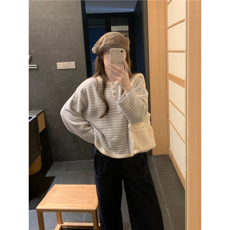 蕾朵撞色条纹长袖针织衫上衣女新款秋季慵懒休闲套头毛衣内搭|undefined