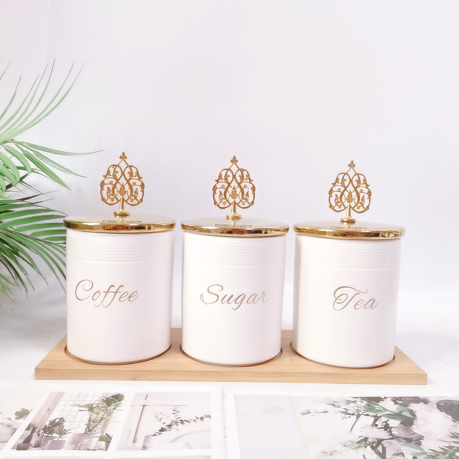 Comercio exterior transfronterizo Oriente Medio Exportar tarro sellado de cerámica con tapa de madera tarro de almacenamiento condimento de cocina tarro de té de café tarro