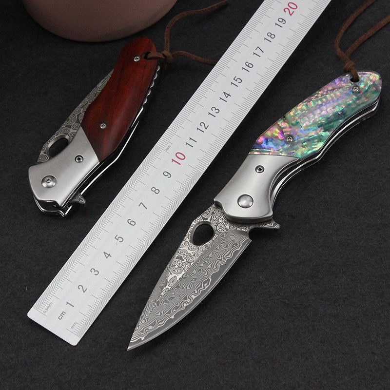 现货库存DM305高硬度VG10钢芯大马士革刀彩贝/黄檀木小刀户外折刀