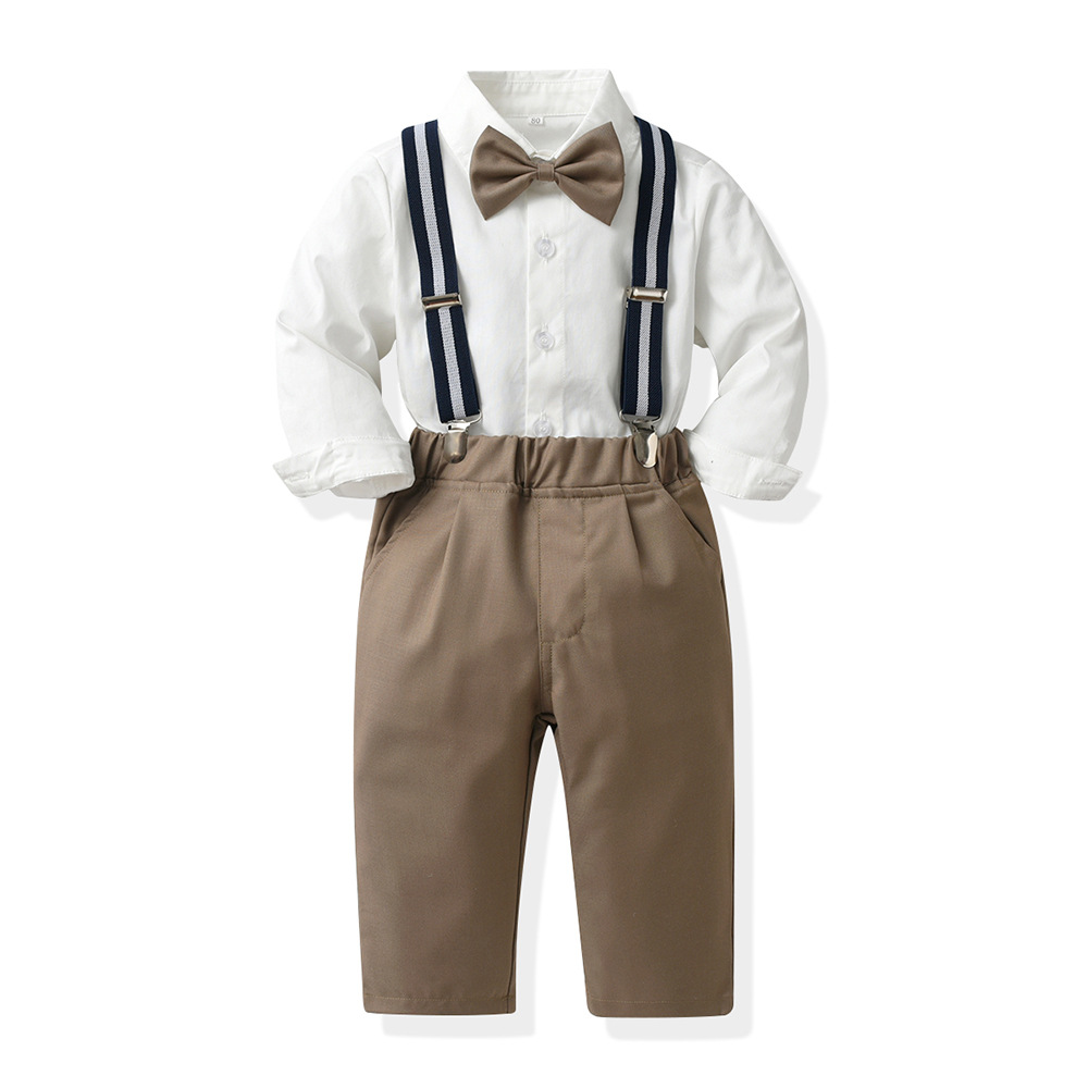 kid's clothing Boys' dress long sleeve bow cotton shirt children's suit suspenders multi-piece set_voghion.com