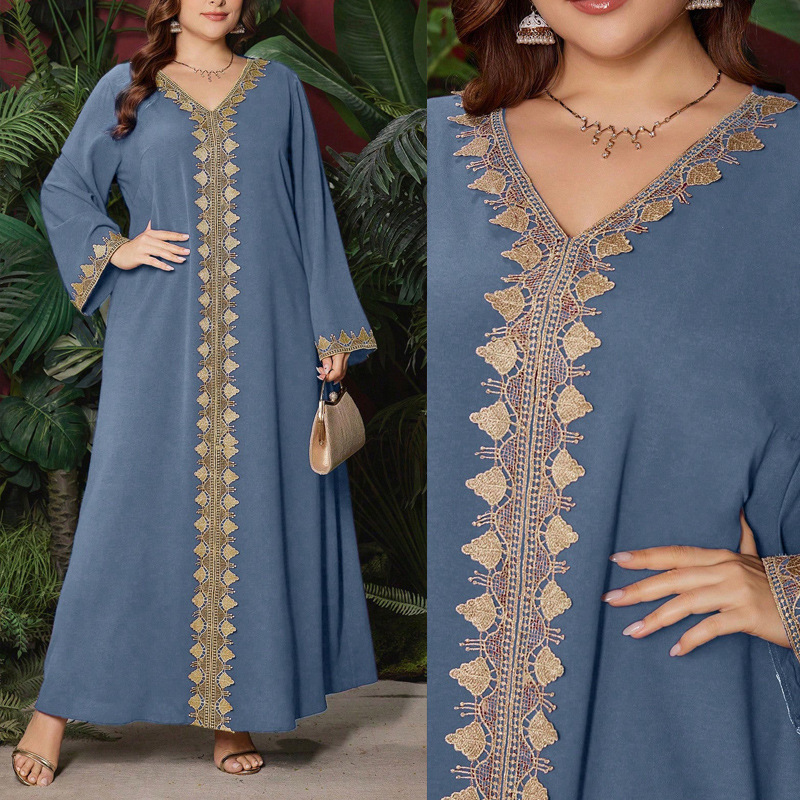 Ethno-Stil Damenkleid mit Stickerei, V-Ausschnitt, langen Ärmeln, lockerem Maxirock, Übergröße, exotische Herbstmode_voghion.com