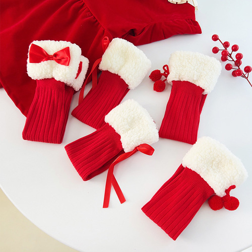 Lambskin girl children's new red socks autumn and winter Lolita plain A-class cotton bow knee-high socks wholesale