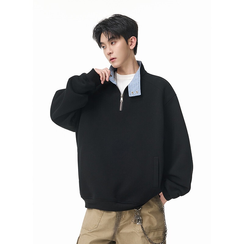 2026 Fall/Winter New Men's American Retro Plaid Patchwork Loose Fit Plus Size Youth Sweatshirt - 400G Chinese Cotton 2026 Fall/Winter New Men's American Retro Plaid Patchwork Loose Fit Plus Size Youth Sweatshirt - 400G Chinese Cotton