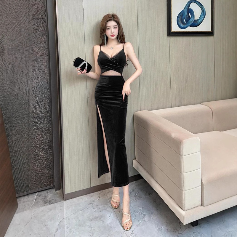 Real shot 8823 in stock temperament sexy gold velvet suspenders dress waist slimming banquet split long skirt