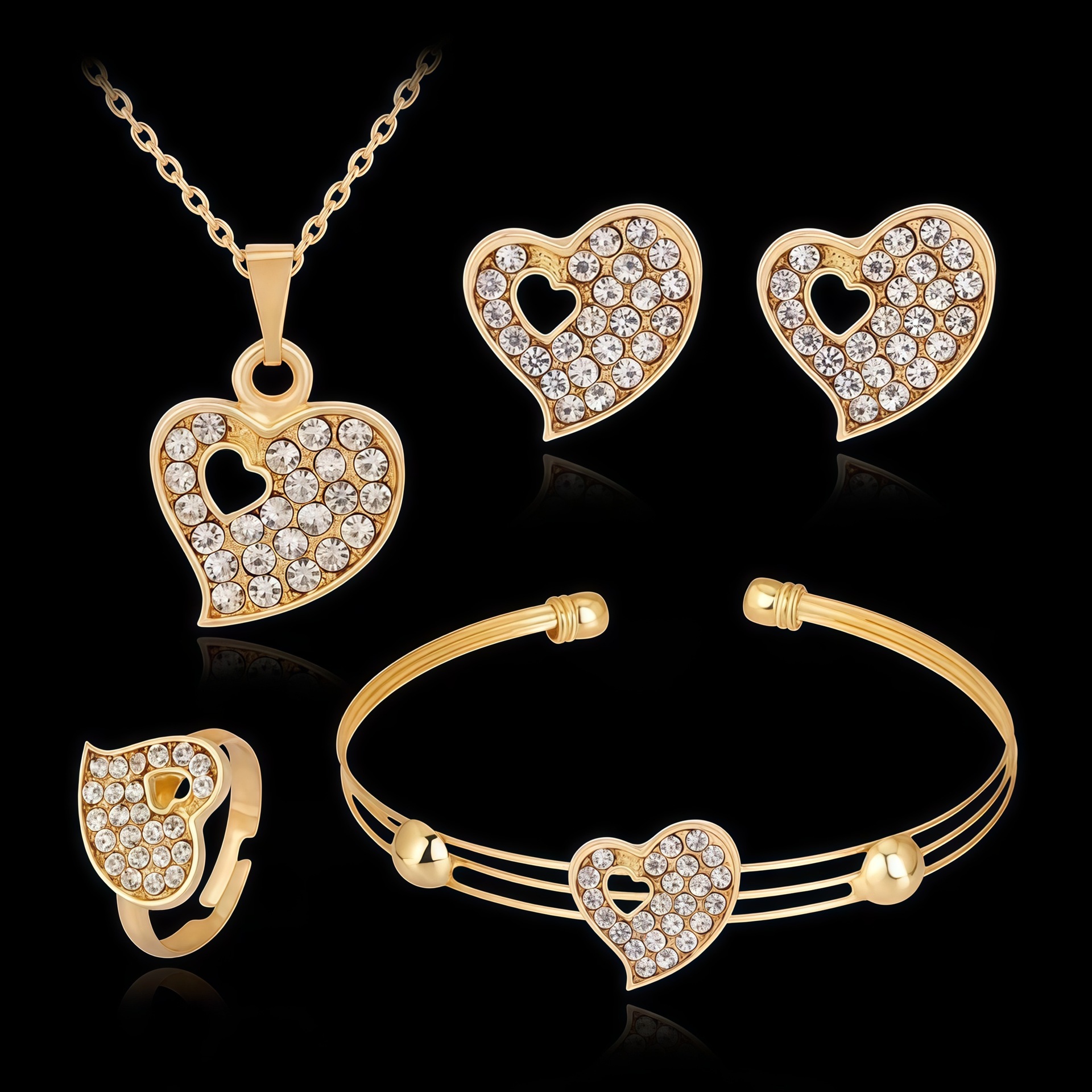 Autumn 2024 new fashion love heart four-piece jewelry suit women bracelet necklace ring earrings wholesale