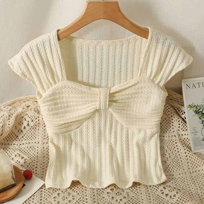 ホットガールショートノースリーブトップ女性のドーパミン着用夏服純粋な欲望スクエアネック右肩シャツデザインリボン|undefined