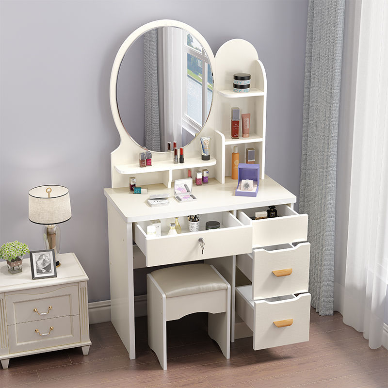 80cm 아이보리 화이트 라운드 미러 오른쪽 캐비닛 + 스툴 보내기