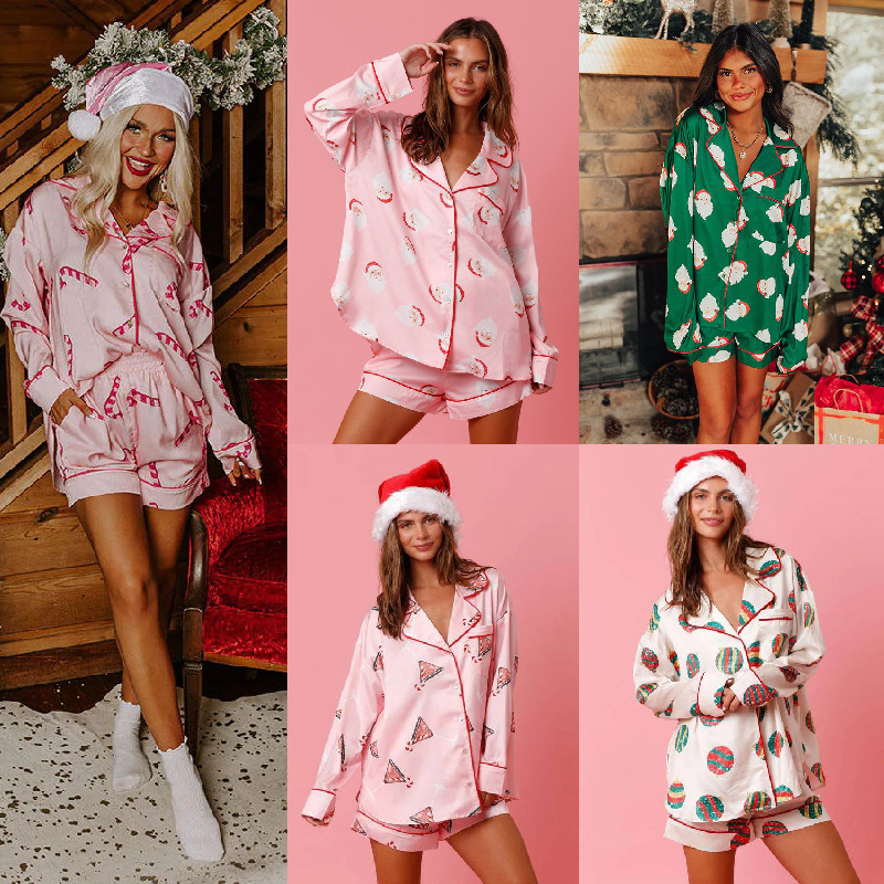 Cross-Border Foreign Trade Amazon Independent Site European and American Christmas Satin Printed Two-Piece Set Loungewear Pajamas