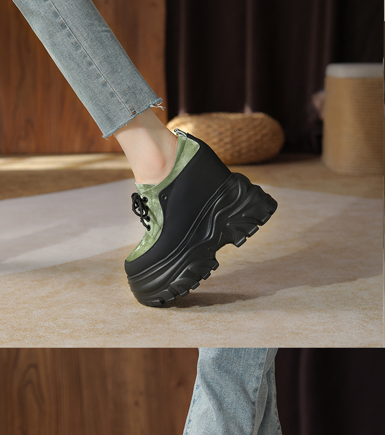 Giày cao gót nữ đế xuồng platform da thật phối màu phong cách Anh quốc, gót 14 cm — Xanh lá cây nhạtcolor chi tiết 1