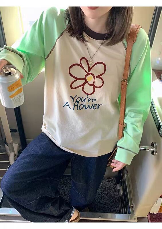 莉贝琳sisy店主自留花花世界插肩袖T恤秋季新全棉撞色长袖T恤女|undefined