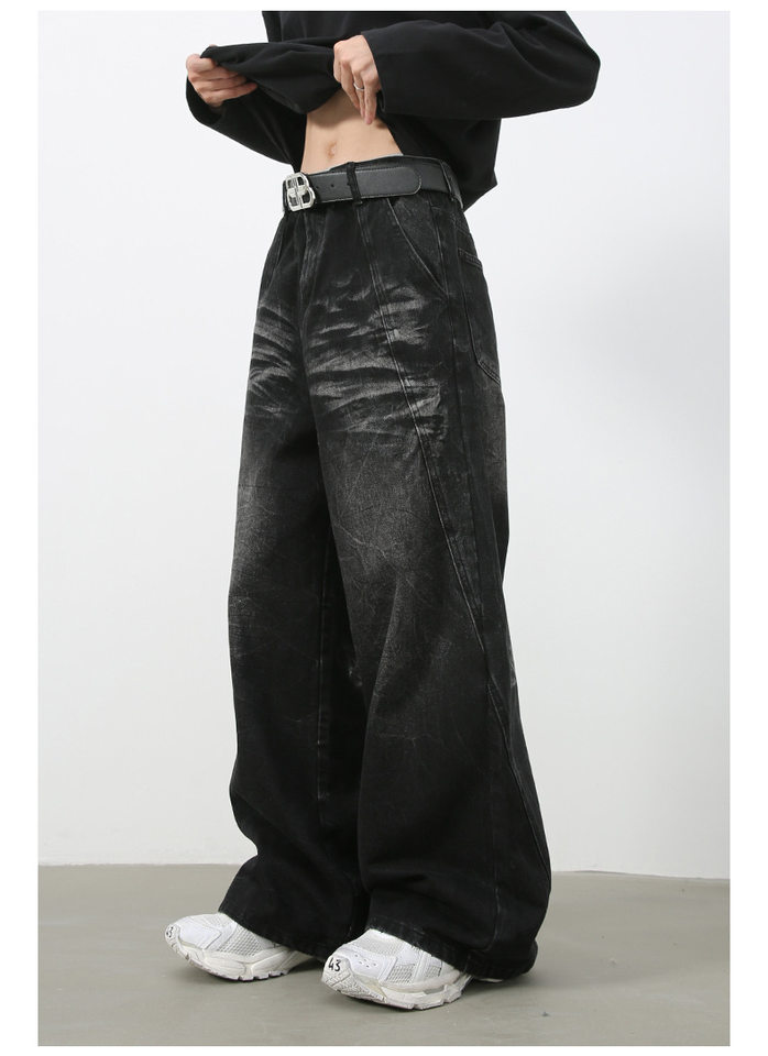 Quần jean nam ống đứng rộng rãi phối mảng giải cấu trúc, denim giặt nước — Đen xám chi tiết 14