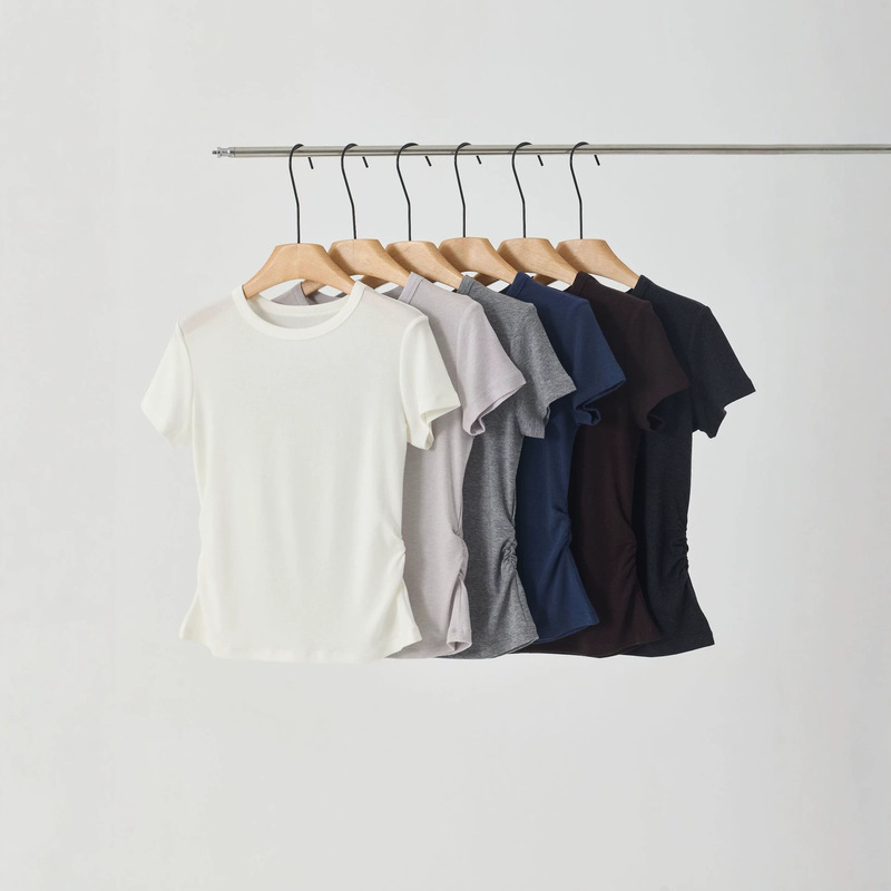 Tencel Wool Slim Waist T-Shirt for Women 2026 Summer New Style Pleated Waist Round Neck Short-Sleeved Slim Casual Top