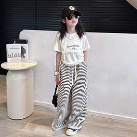 韩系儿童休闲套装夏季女童抽绳收腰针织T恤条纹阔腿裤童装两件套