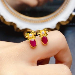 New natural old baked ruby earrings S925 silver inlaid with main stone 4*6mm Joker net red explosions women's jewelry batch