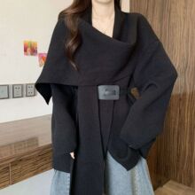 韩系气质松弛氛围感围巾领针织外套女秋冬胖MM不规则收腰显瘦毛衣