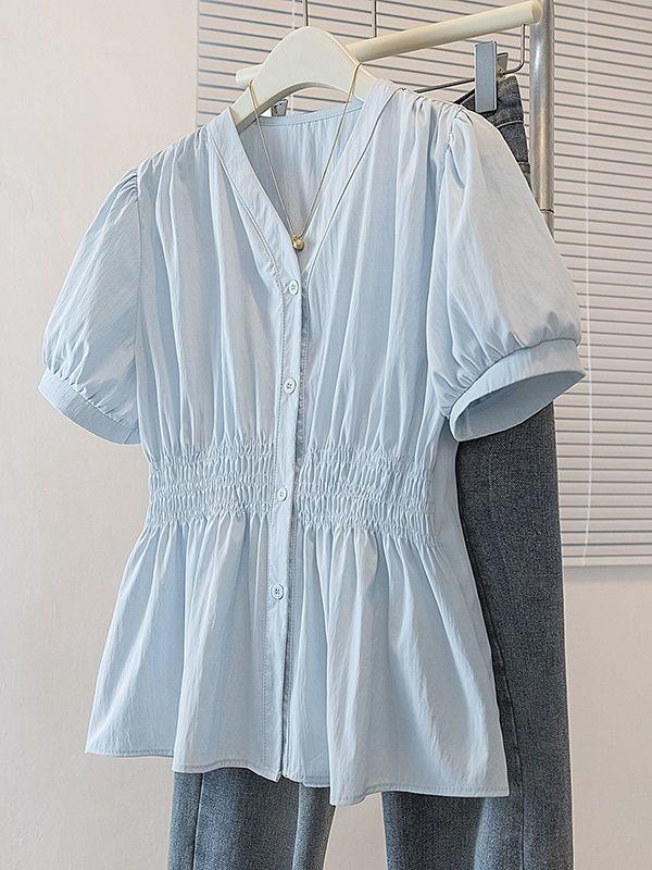 New Plus-Size Women's Korean-Style Trendy V-Neck Shirt for Chubby Girls, Loose Fit, Waist-Cinching, Flattering, Versatile Top for Summer