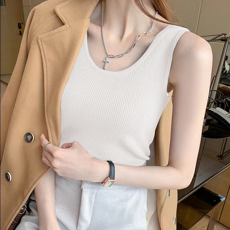 Cross-border export ice silk ribbed vest for women, summer slim fit, versatile, plus size, sleeveless, thin, slimming base layer.