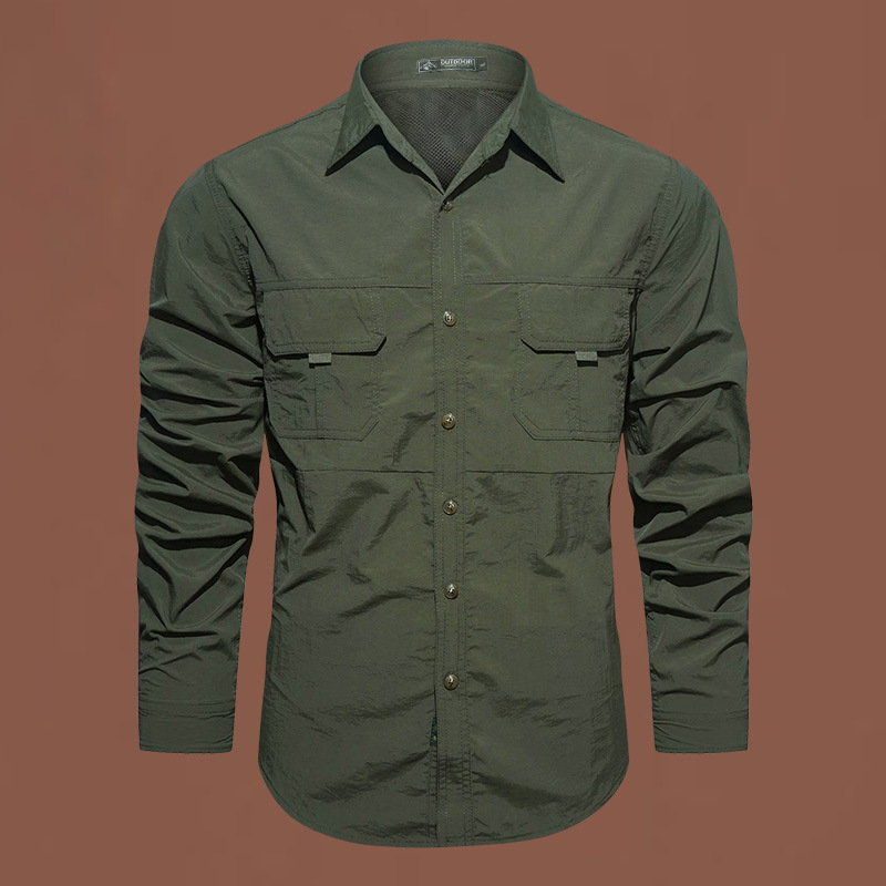 Camisas impermeables de secado rápido al aire libre multi-bolsillos herramientas de hombre con solapa de manga larga camisa casuales de color sólido para hombres de mediana edad