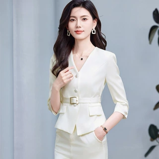 夏季西装套装女薄款2025新款中袖七分袖收腰系带气质职业西服外套