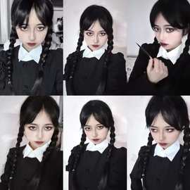 星期三 亚当斯一家假发女 动漫cosplay黑色双马尾麻花辫子假发