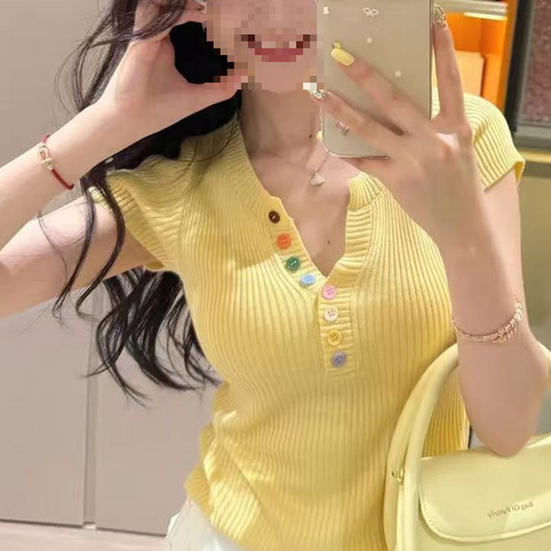 V-neck short-sleeve versatile knit sweater for women—summer, slimming, uniquely stylish, and beautifully crafted with a delicate yellow-colored button detail.