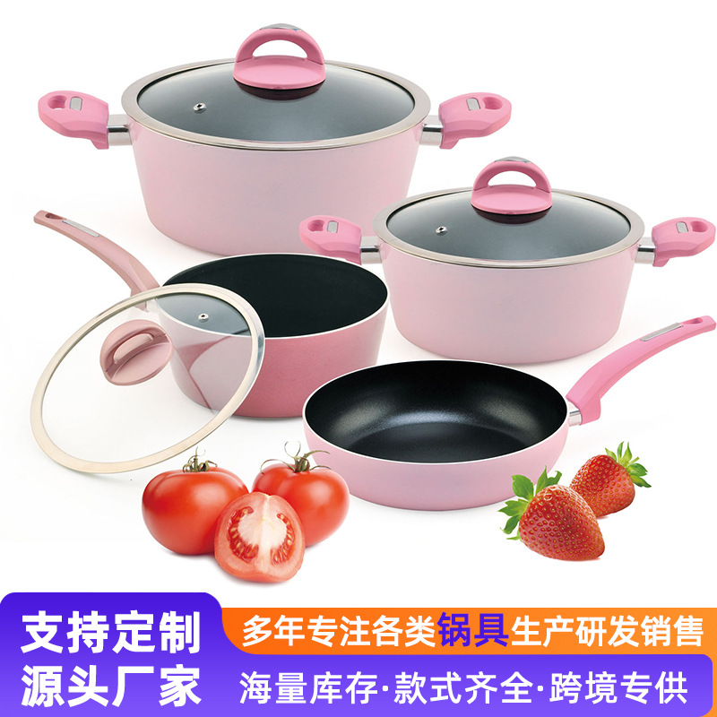 Juego de cuatro piezas de wok de aluminio simple transfronterizo, wok, sartén para sopa, olla para leche, juego de 7 piezas de ollas de regalo al por mayor.