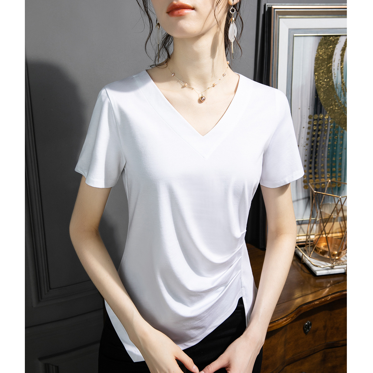 Camiseta de manga corta ropa de mujer 2025 nueva ropa de mujer con aberturas irregulares, top fino y elegante, camiseta de algodón, cabello de una pieza