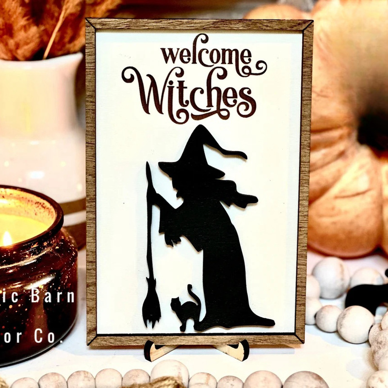WelcomeWitches Welcome Witch Logo Wooden Halloween Photo Frame Ornament Farmhouse Kitchen Home Decoration