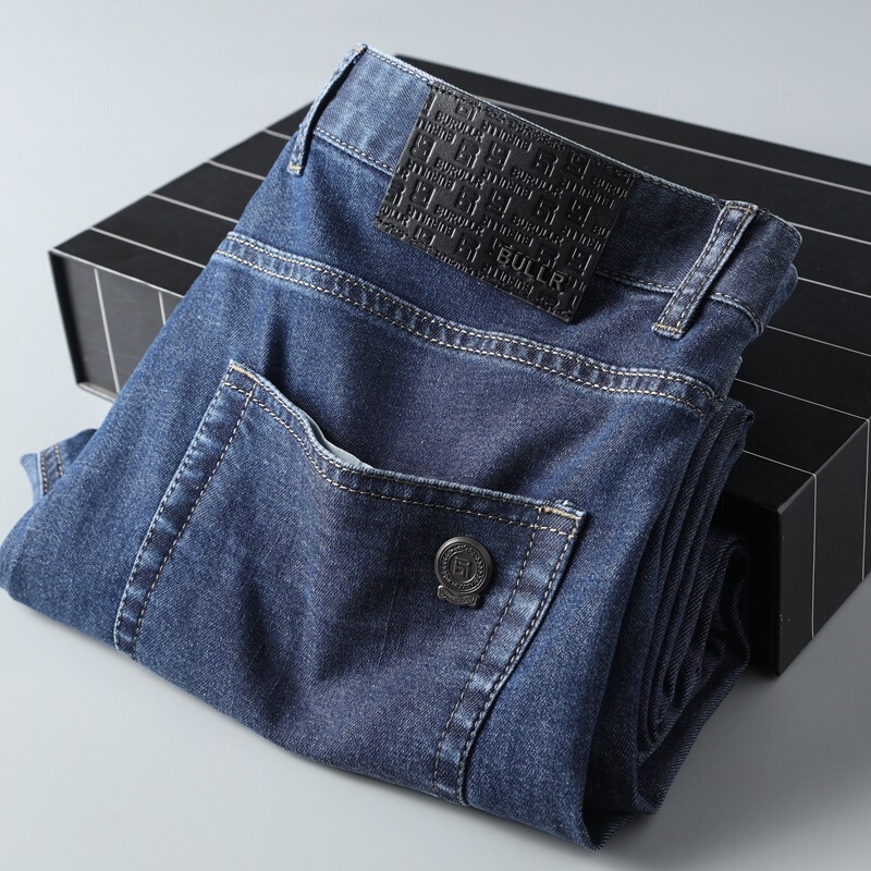 Lightweight Natural Thin All-Match Casual Long Pants Washed Fit Straight dark blue Mid-Waist Stretch Jeans for Men