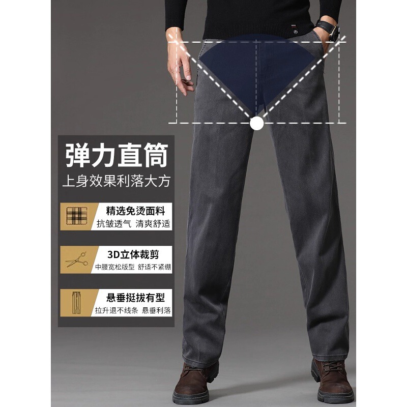 Hong Kong High-End Gray Jeans for Men, Autumn and Winter, Loose Straight Fit, Stretchy, 2026 Fleece-Lined Style, Business Casual Trousers