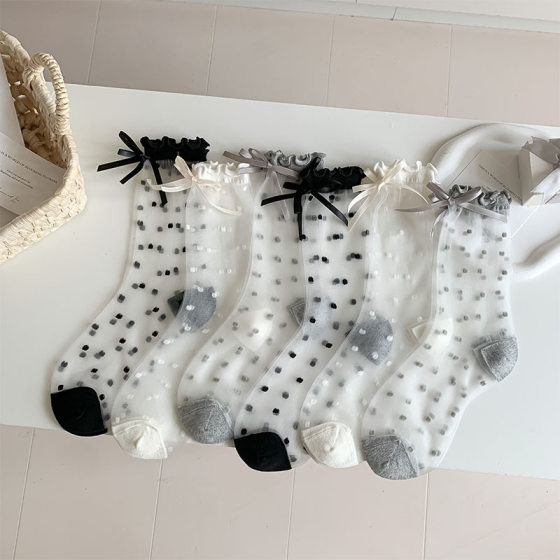 Glass Silk Stockings Children's Summer Thin Transparent Sweet Bow Card Silk Stockings Japanese Style Girl Style Cute Wave Point Stockings