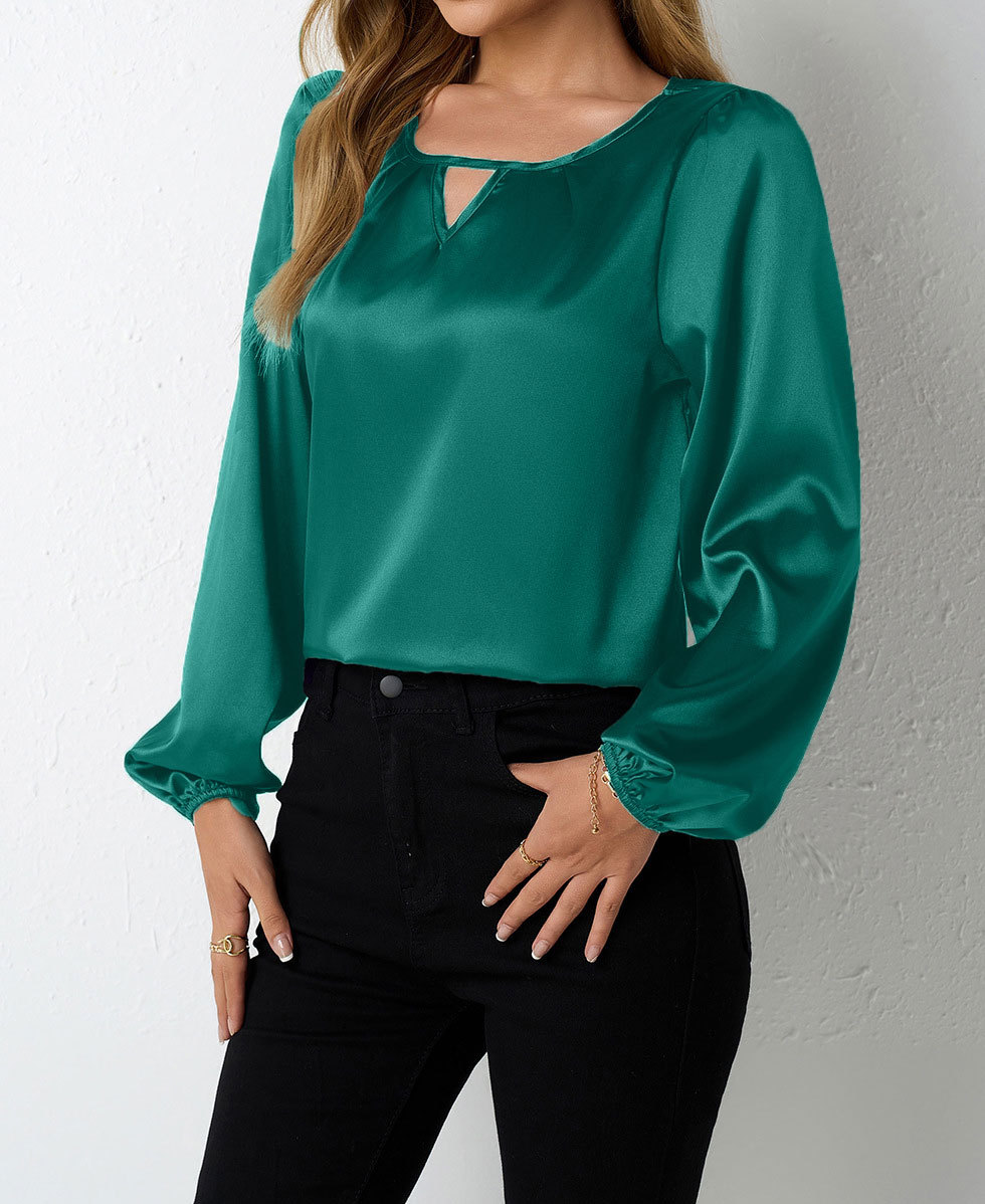 Damenbekleidung, Satin-Tops, langärmelige Bluse aus Kunstseide mit Falten – modische Freizeitkleidung für Damen_voghion.com